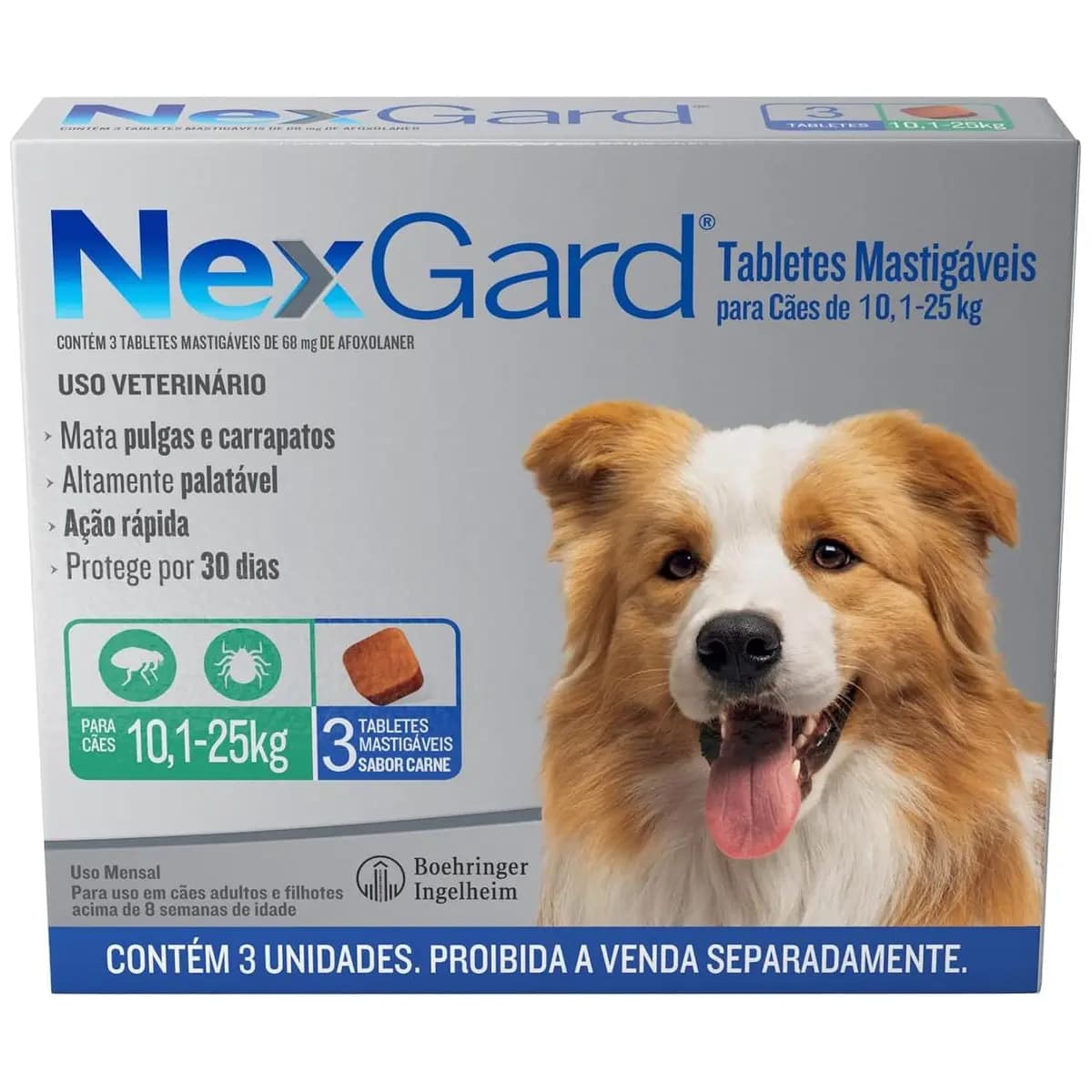 NexGard Antipulgas e Carrapatos para Cães de 10.1 a 25kg - 3 tabletes
