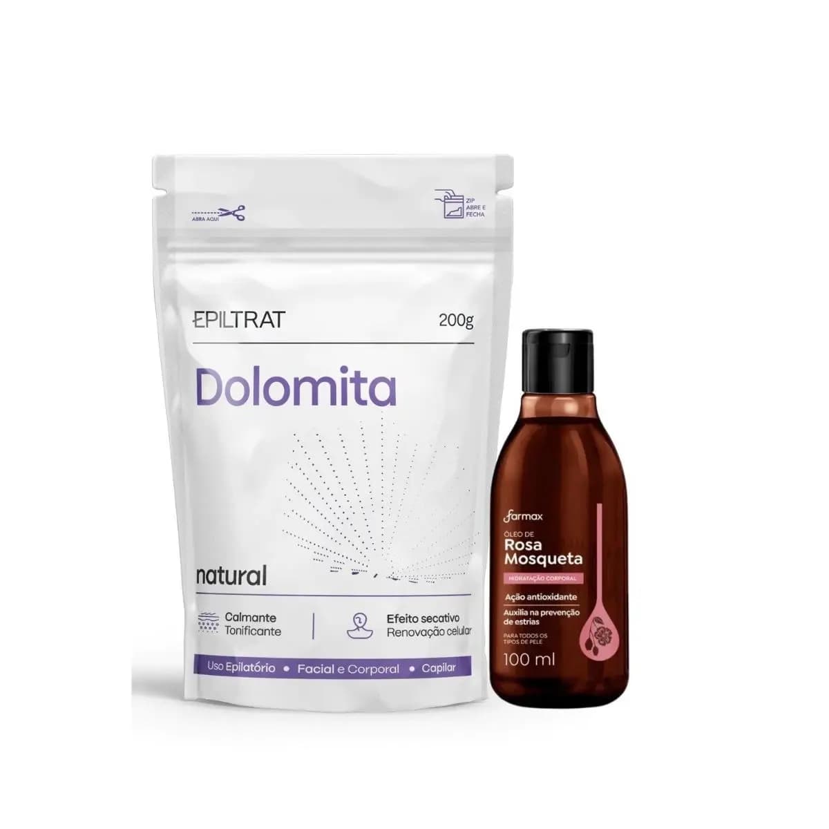 Kit Clareador de Manchas Natural Dolomita 200g Oleo Rosa Mosqueta 100ml Farmax Axila Virilha Rosto