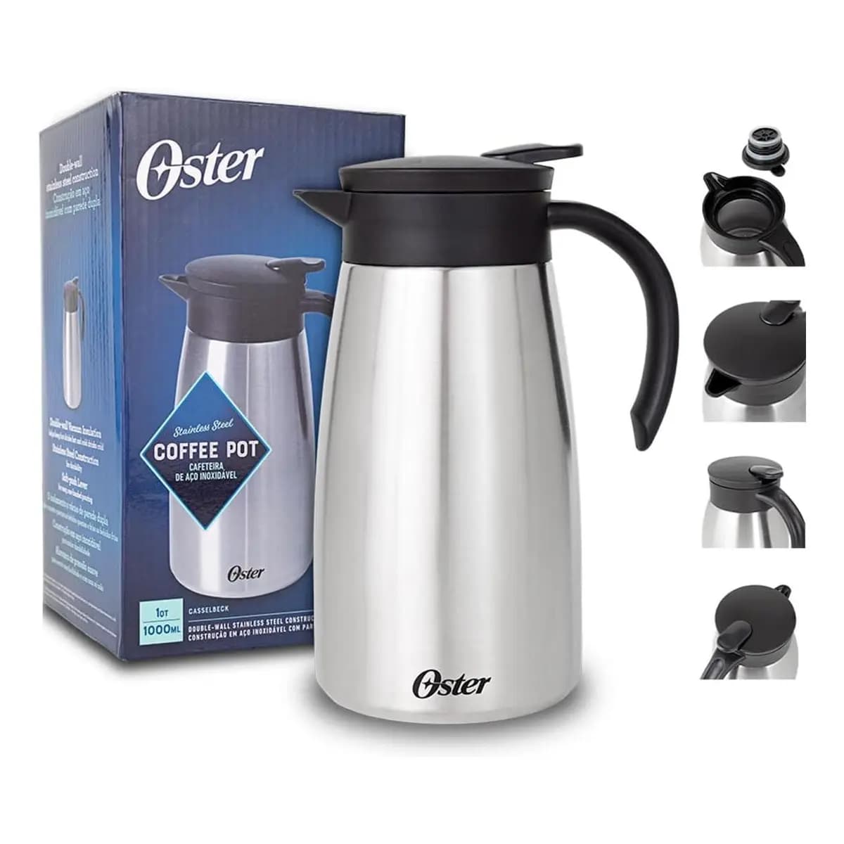 OSTER GARRAFA TÉRMICA EM AÇO INOX 1000ML CASSELBECK– CORPO E CÁPSULA EM AÇO INOXIDÁVEL E TAMPA COM ALÇA EM BAQUELITE