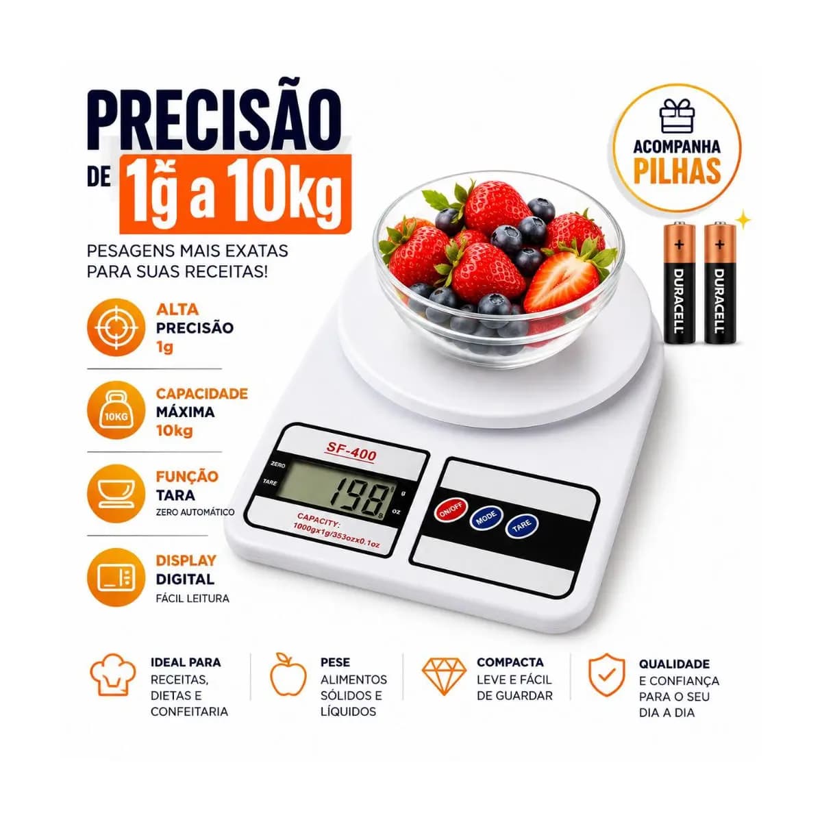 Balança Digital Cozinha 10Kg Precisão Balança de Alimentos Cozinha pilhas inclusas