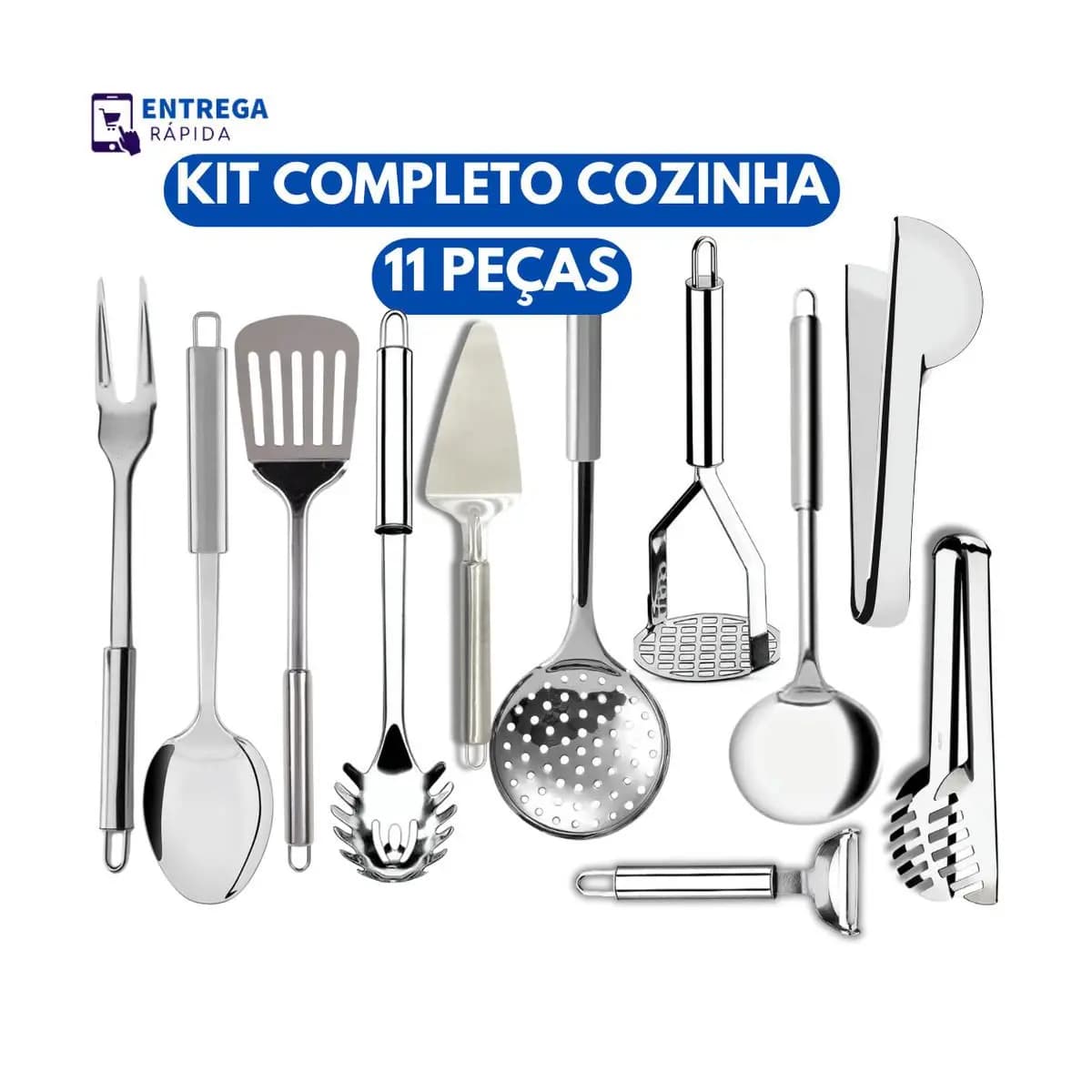 Kit 11 Utensílios para Cozinha Inox Descascador de Legumes Amassador de Batata Concha Escumadeira Espátulas e Mais.