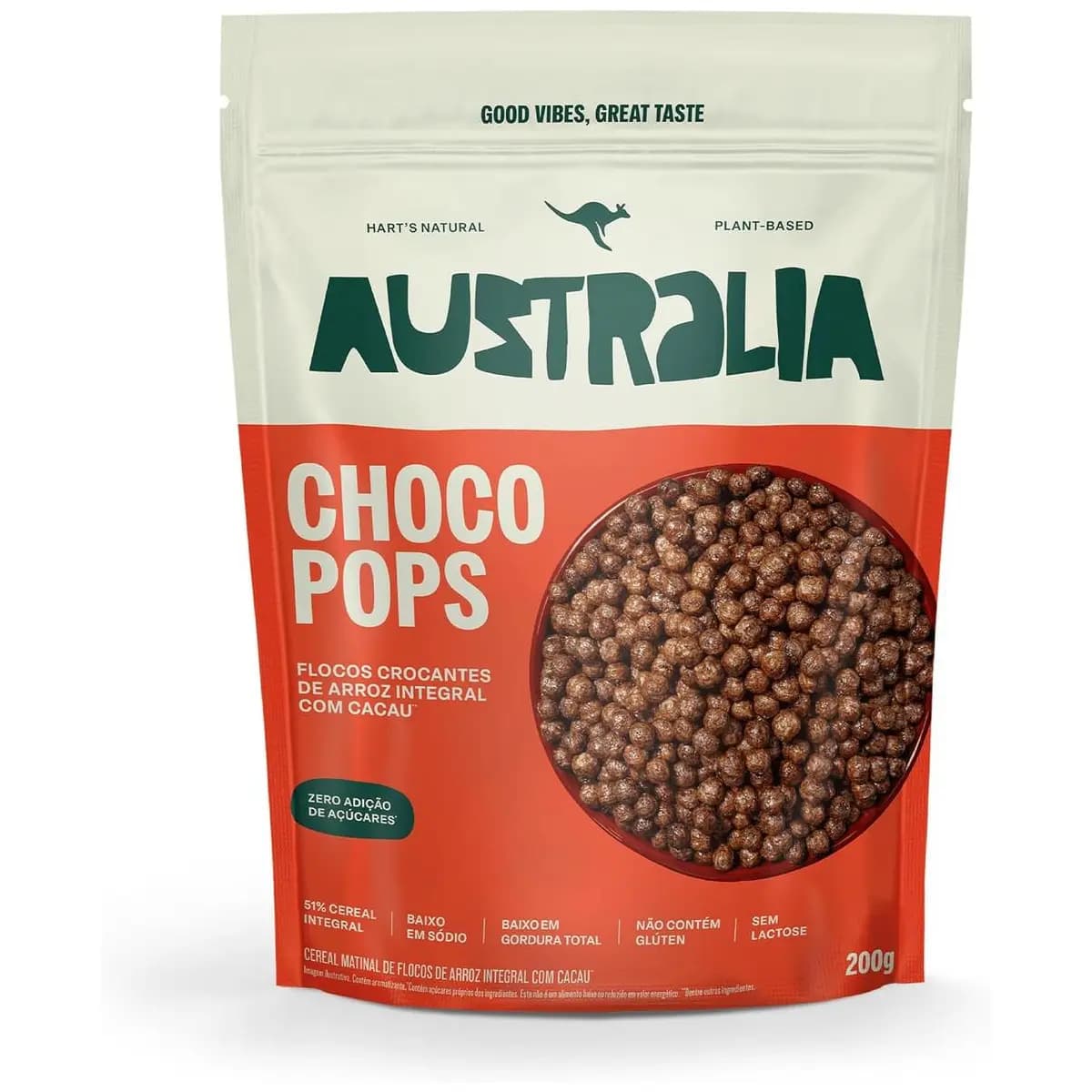 Hart's Natural ChocoPops Australia Chocolate | Cereal Matinal Sem Adição de Açucar, Sem Glúten, Sem Lactose, Vegano | 100% Natural | Alto em Fibras | 200g