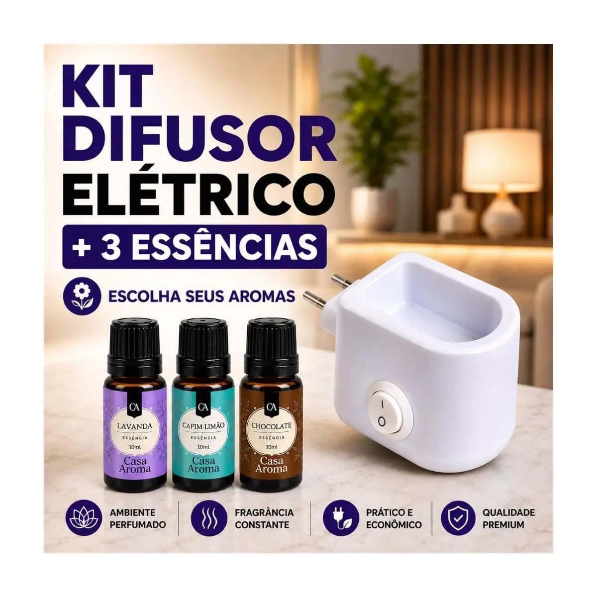 Kit 3 Essência Pura Super Concentrada para Aromatizador Ambiente + 1 Difusor Elétrico Bivolt