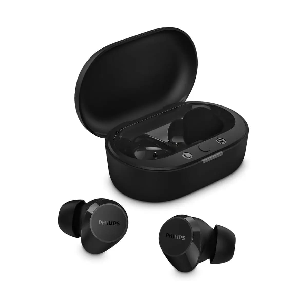 Fone de ouvido sem fio TWS Philips TAT1209BK/00 na cor preto, com bluetooth, microfone, tecnologia IPX4 e 18 horas de reprodução.