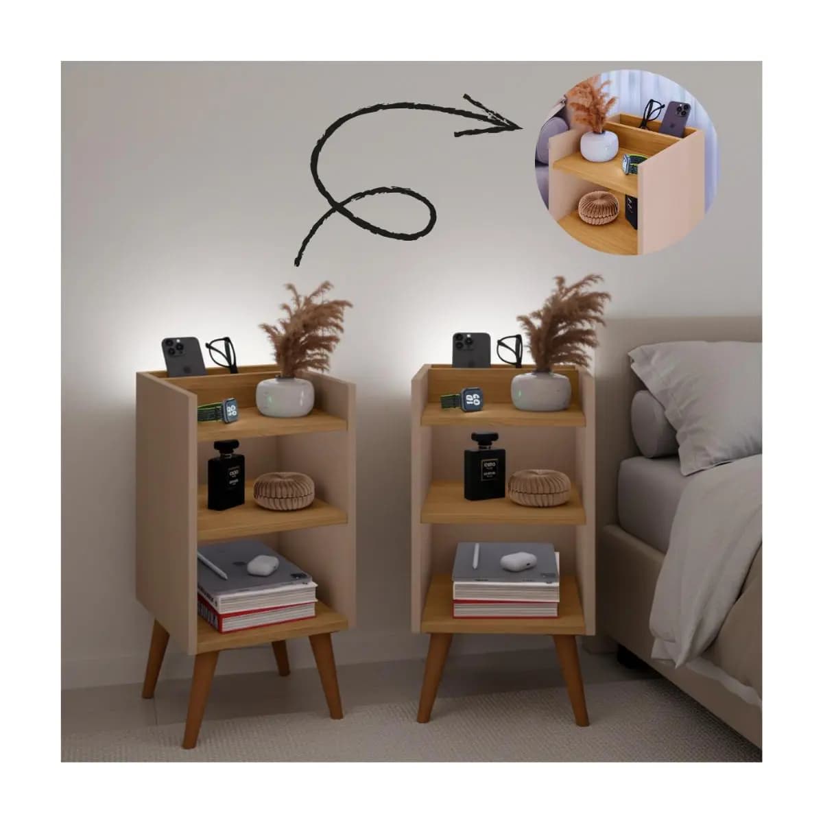 Kit com 2 Mesa de Cabeceira Nicho Organizador, pés retrô em PVC e Porta-Celular Max