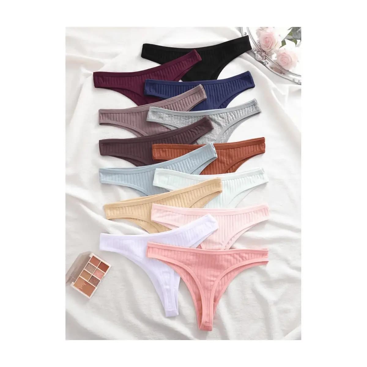 Kit 7 ou 10 Calcinhas Fio Dental Suede Canelado Forro 100% Algodão Feminina Conforto Diário - Sexy Cores Variadas