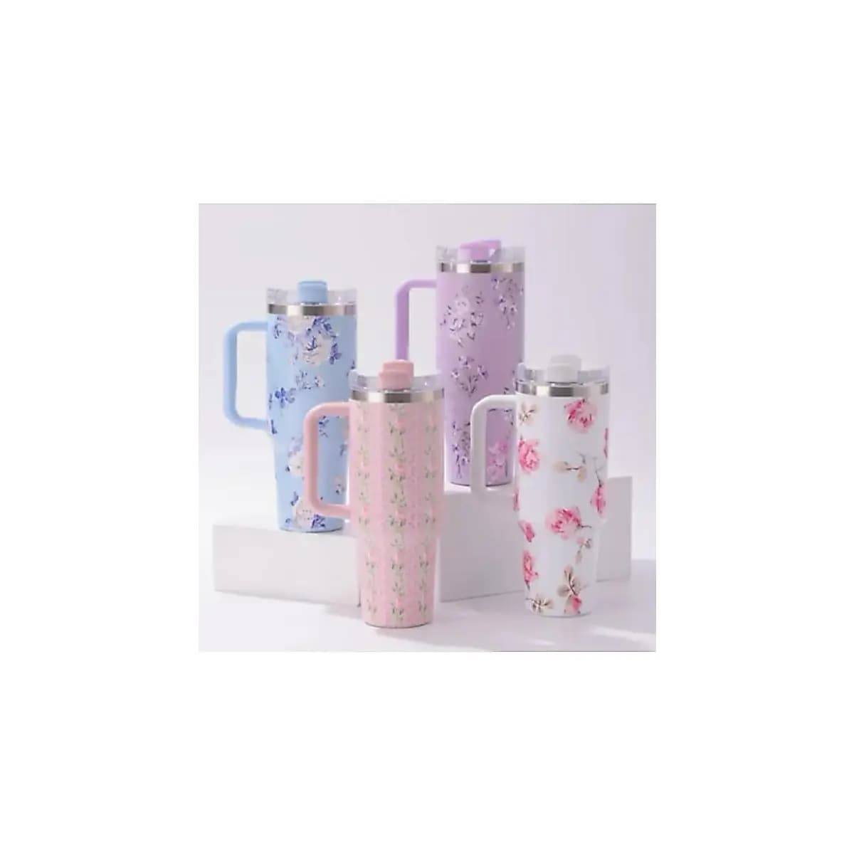 Garrafa 1200ml Térmica Estampa Floral Capinha Silicone Na Base + Tampa Para Canudo