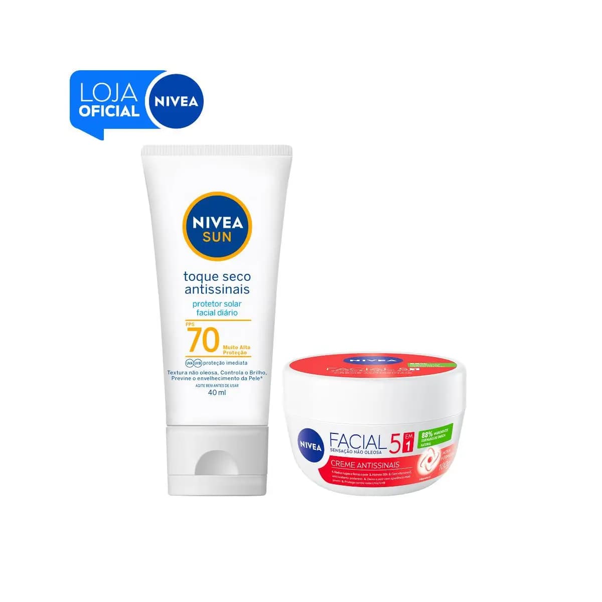 KIT NIVEA Creme Facial Antissinais 100g + Protetor Solar Facial Toque Seco Antissinais FPS 70 Sun 40ml