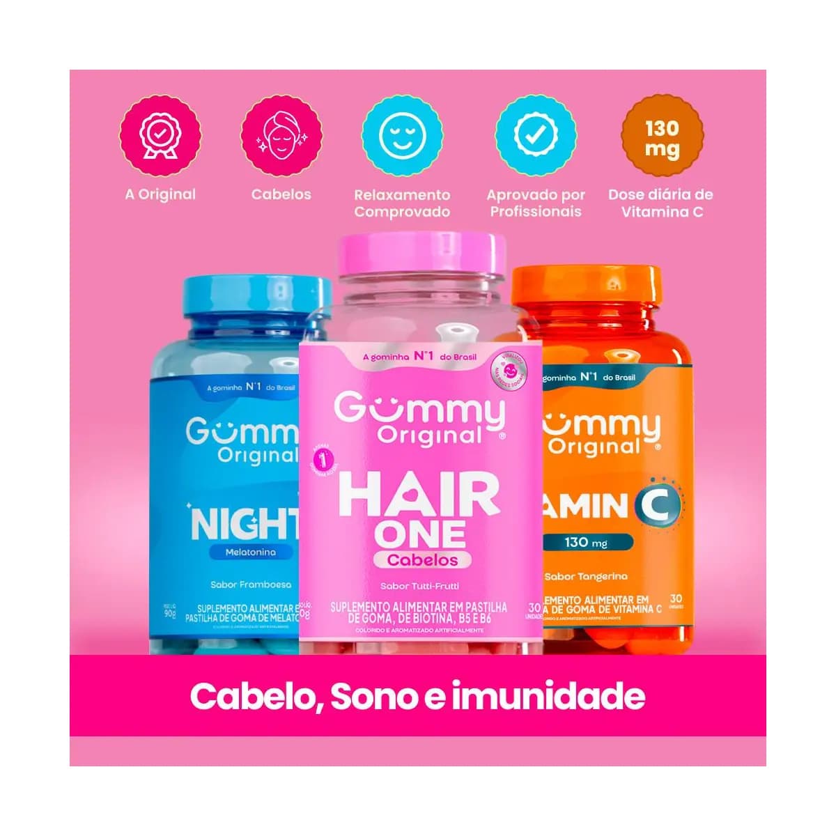 Kit Gummy Night + Hair + Vitamina C 3 Frascos Melatonina Biotina Imunidade