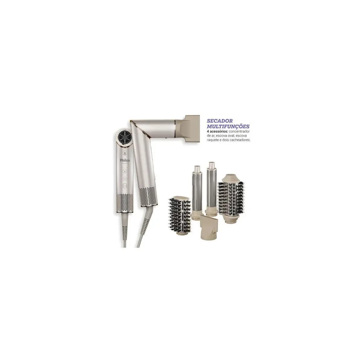 Secador de Cabelo Philco PSC3500 4 em 1 Dobrável Portátil com Escovas e Cacheadores para Viagem