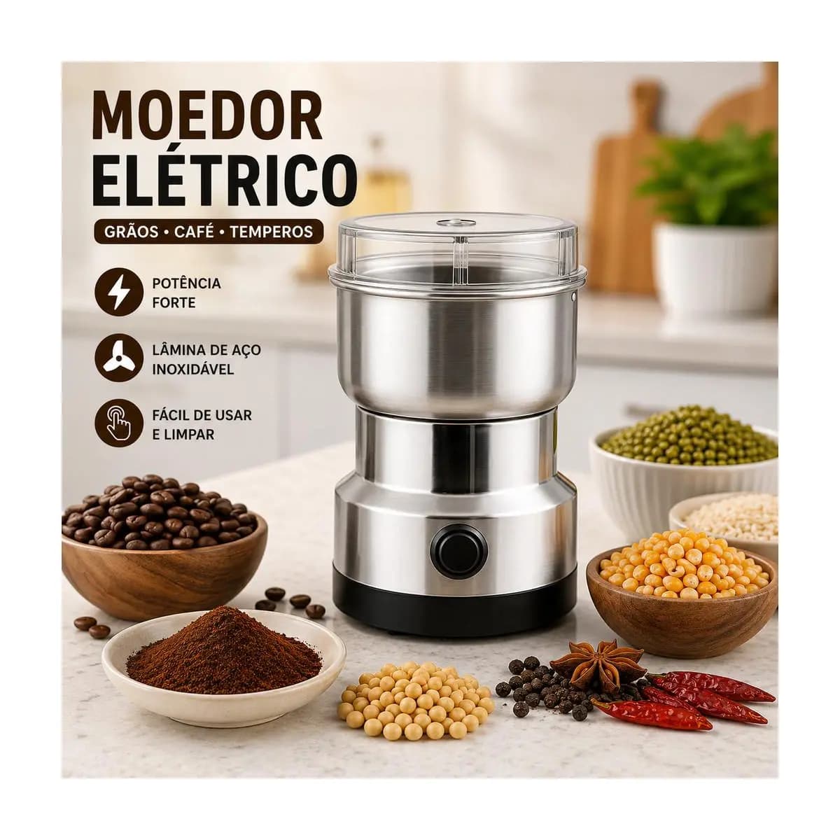 Moedor Multifuncional de Café 110V com Design em Aço Inoxidável 4 Lâminas