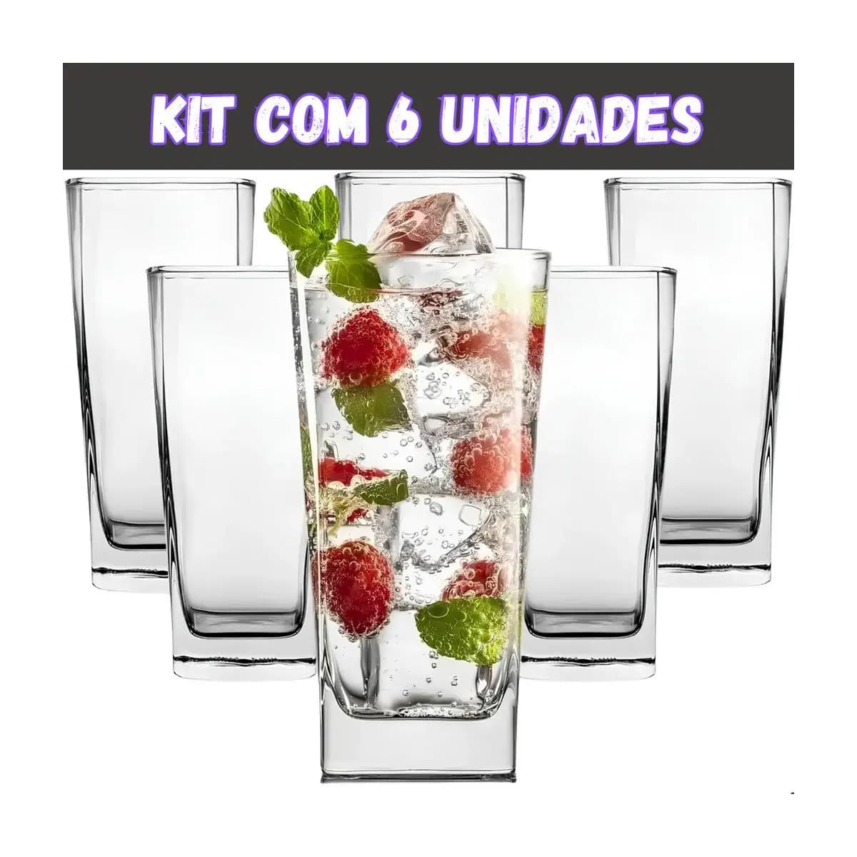 Jogo de Copos de Vidro 300ml Quadrado Texas Miami Bali para Suco Agua Refrigerante