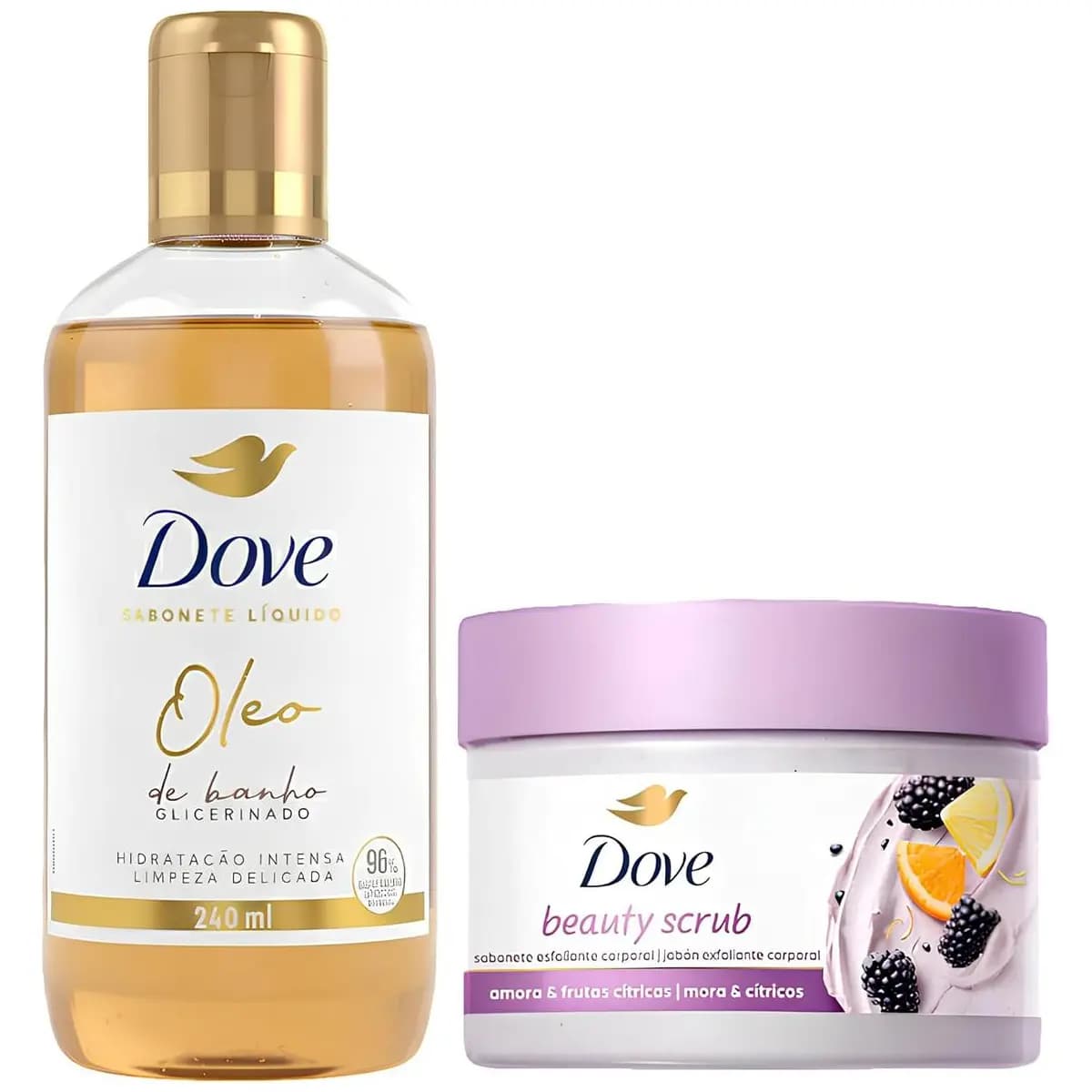 Dove Kit Sabonete Líquido Óleo de Banho Glicerinado 240ml + Sabonete Esfoliante Corporal Beauty Scrub Amora e Frutas Cítricas 280g