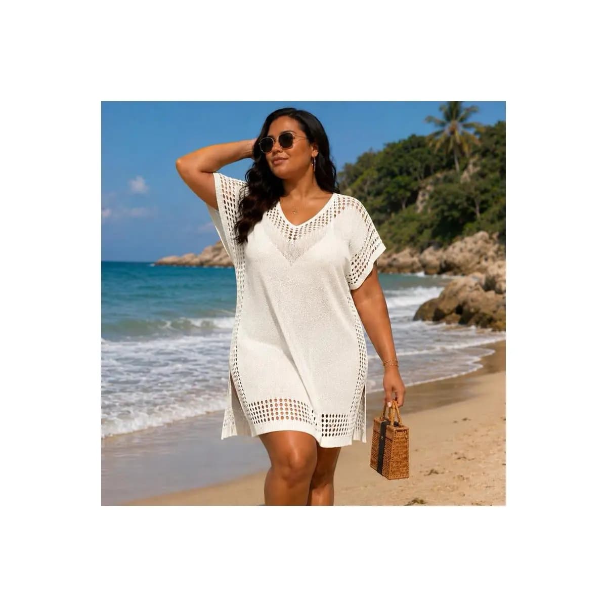 Saída de Praia Feminina Tricot Furadinho Plus Size Vestido Verão Confortável Elegante