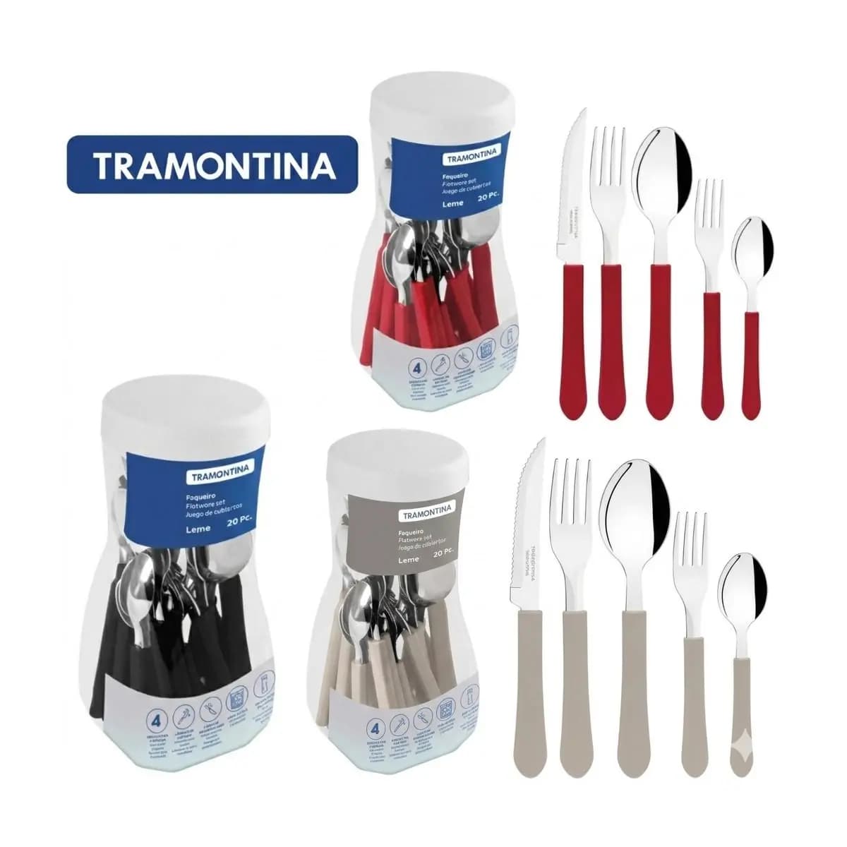 Jogo de Talheres Tramontina Leme ORIGINAL 20 peças Lâminas em Aço Inox e Cabos de Polipropileno Vermelho preto Cinza