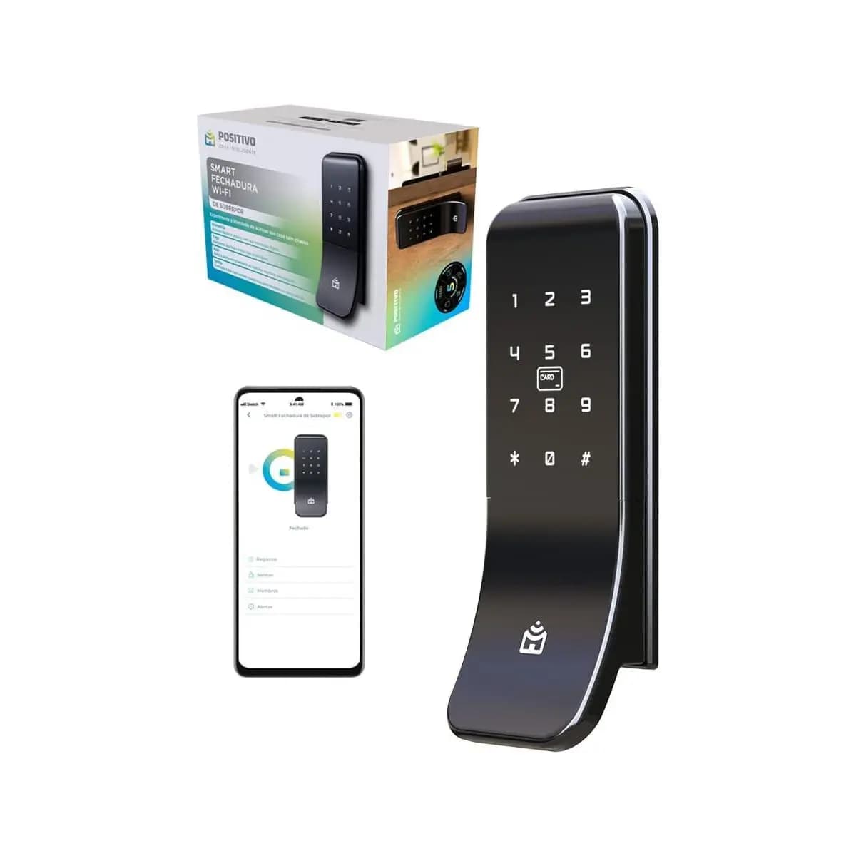 Smart Fechadura Digital Wi-Fi de Sobrepor Positivo Casa Inteligente, Abertura por Senha, Biometria, Tag, Chave e Aplicativo, Fechamento Automático – Preta