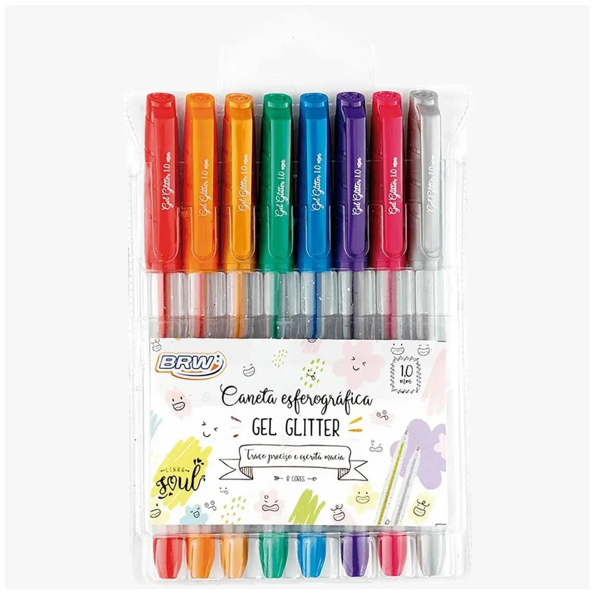 Caneta Esferográfica Gel com Glitter 1.0mm Blister com 8 Cores, BRW
