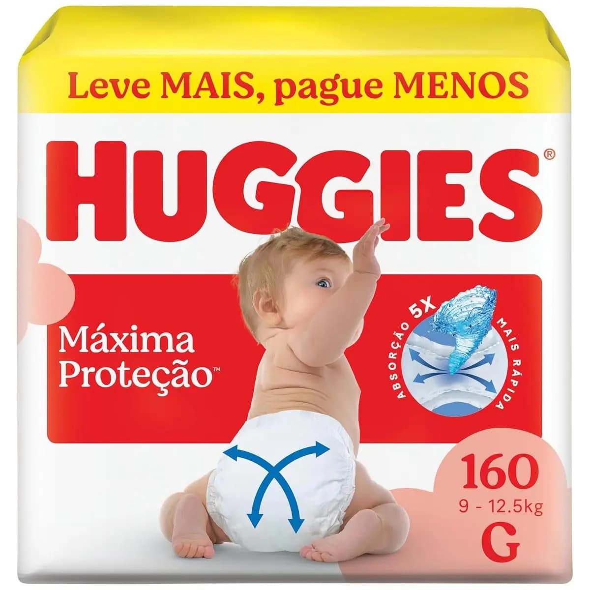 Fralda Descartável Huggies Máxima Proteção Tamanho G 160 unidades – aberta com tecnologia Xtra-Flex, canais em X que se adaptam aos movimentos e máxima proteção