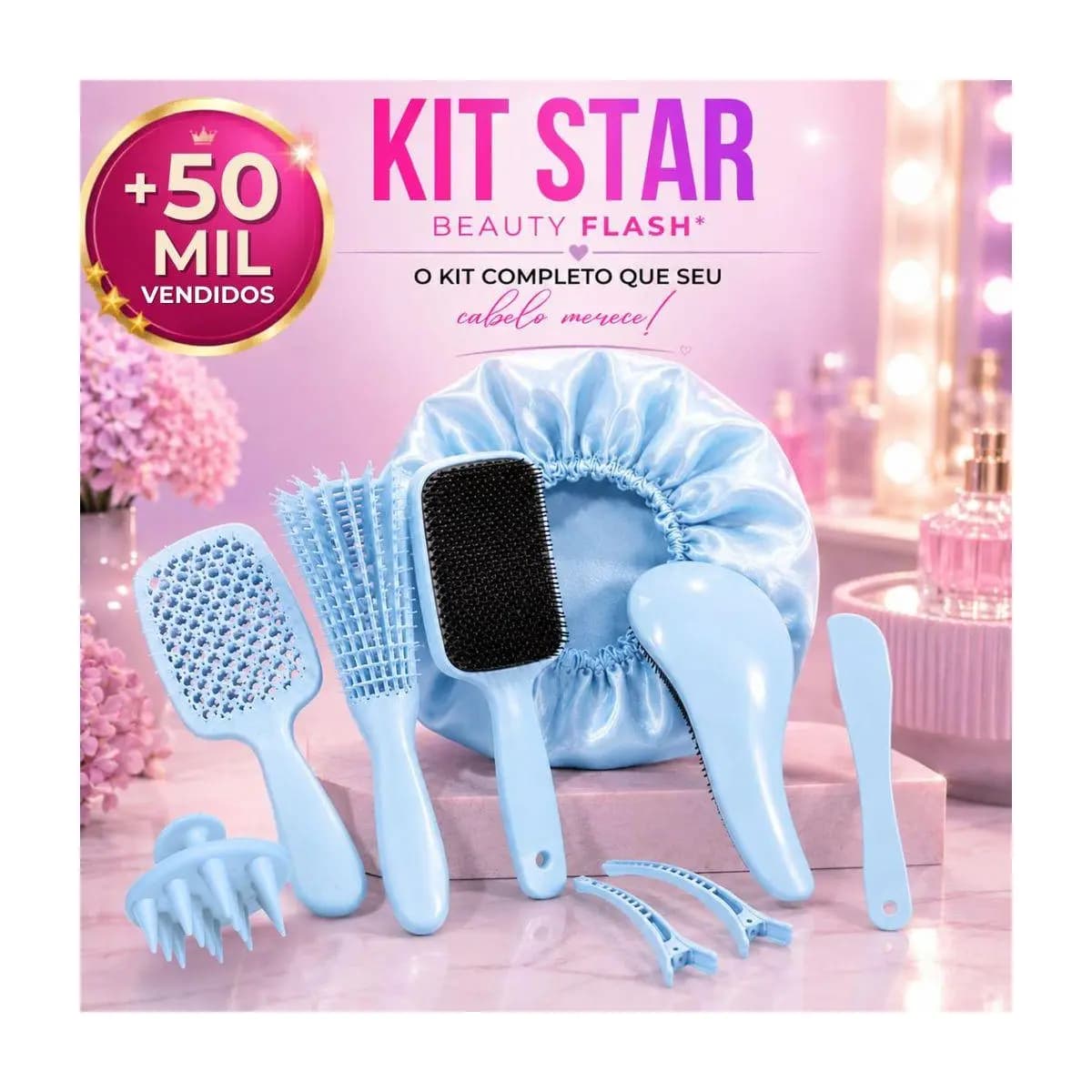 Kit 05 Escova Raquete Flex Escova Mágica e Polvo Massageador de Silicone Touca de Cetim Beauty Flash