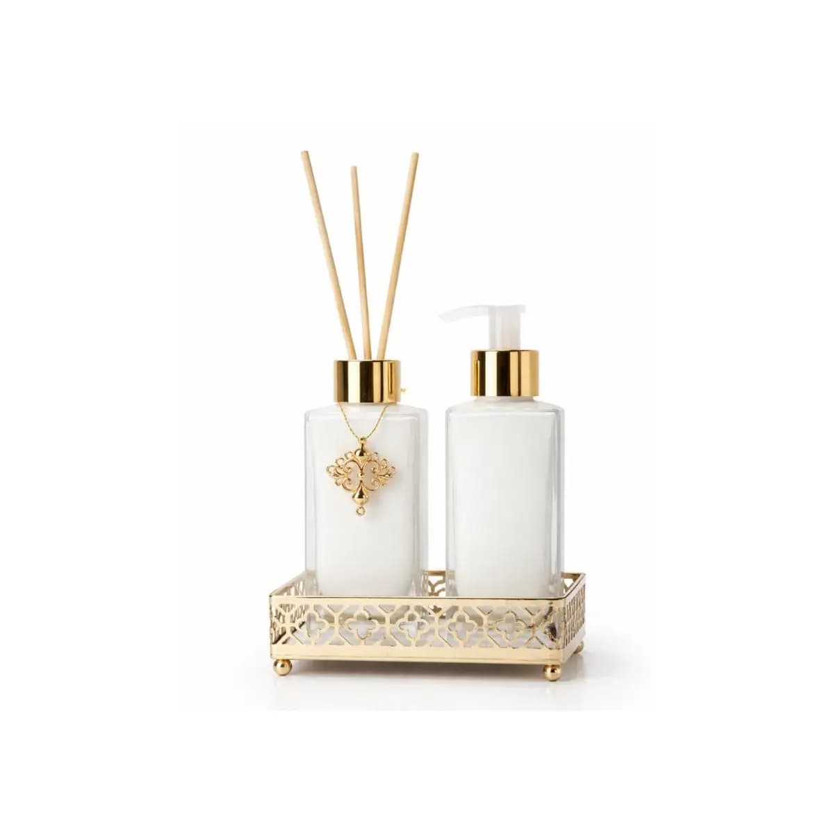 Kit Lavabo Luxo Banheiro Vidro Difusor + Saboneteira 150ml / 250ml com Bandeja de Metal