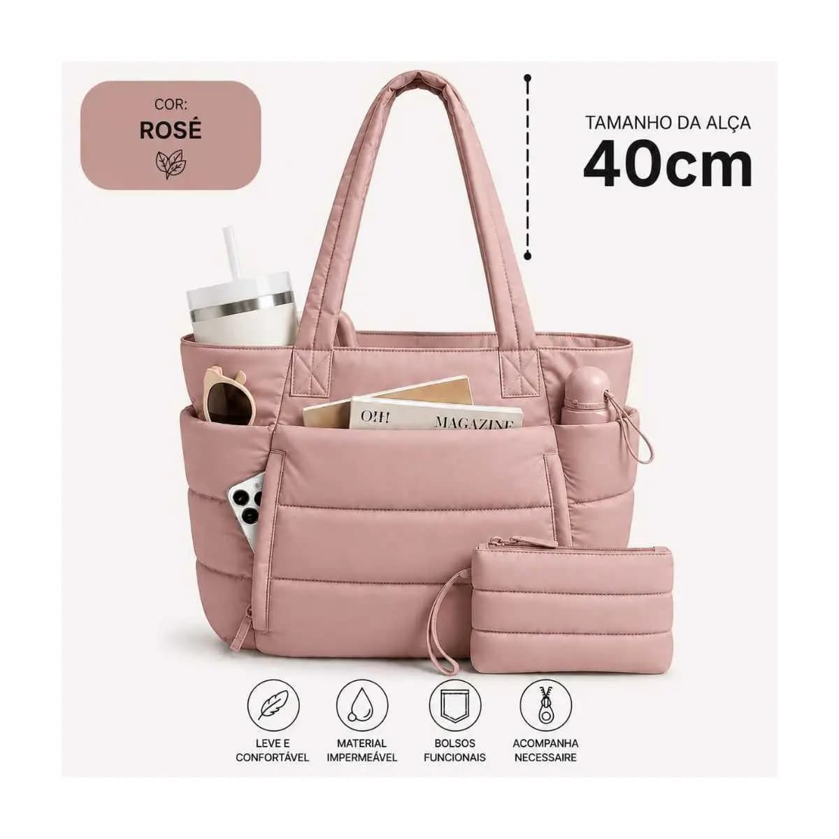 Bolsa Feminina Grande Matelassê Impermeável com Alças Longas + Necessaire
