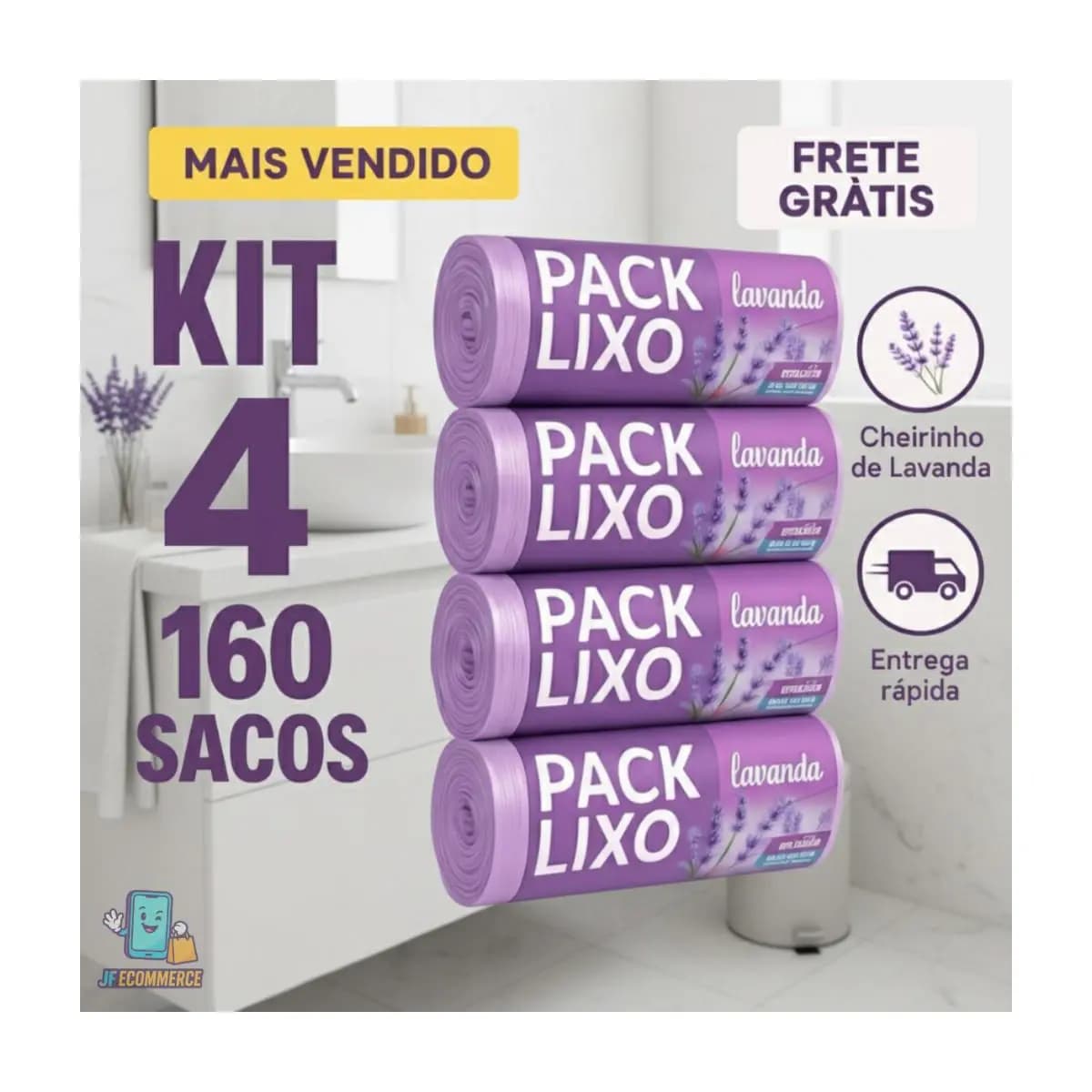 Kit 4 Sacos de Lixo Perfumados Lavanda | 160 Sacos | Pia e Banheiro | 34x38cm | Neutraliza Odores