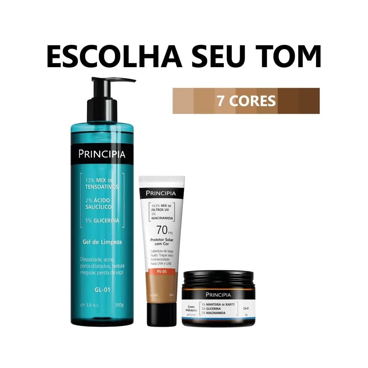 Principia Kit Limpa Hidrata e Protege c/ Gel de Limpeza GL-01 + Creme Hidratante CH-01 + Protetor Cor PS-05 FPS 70
