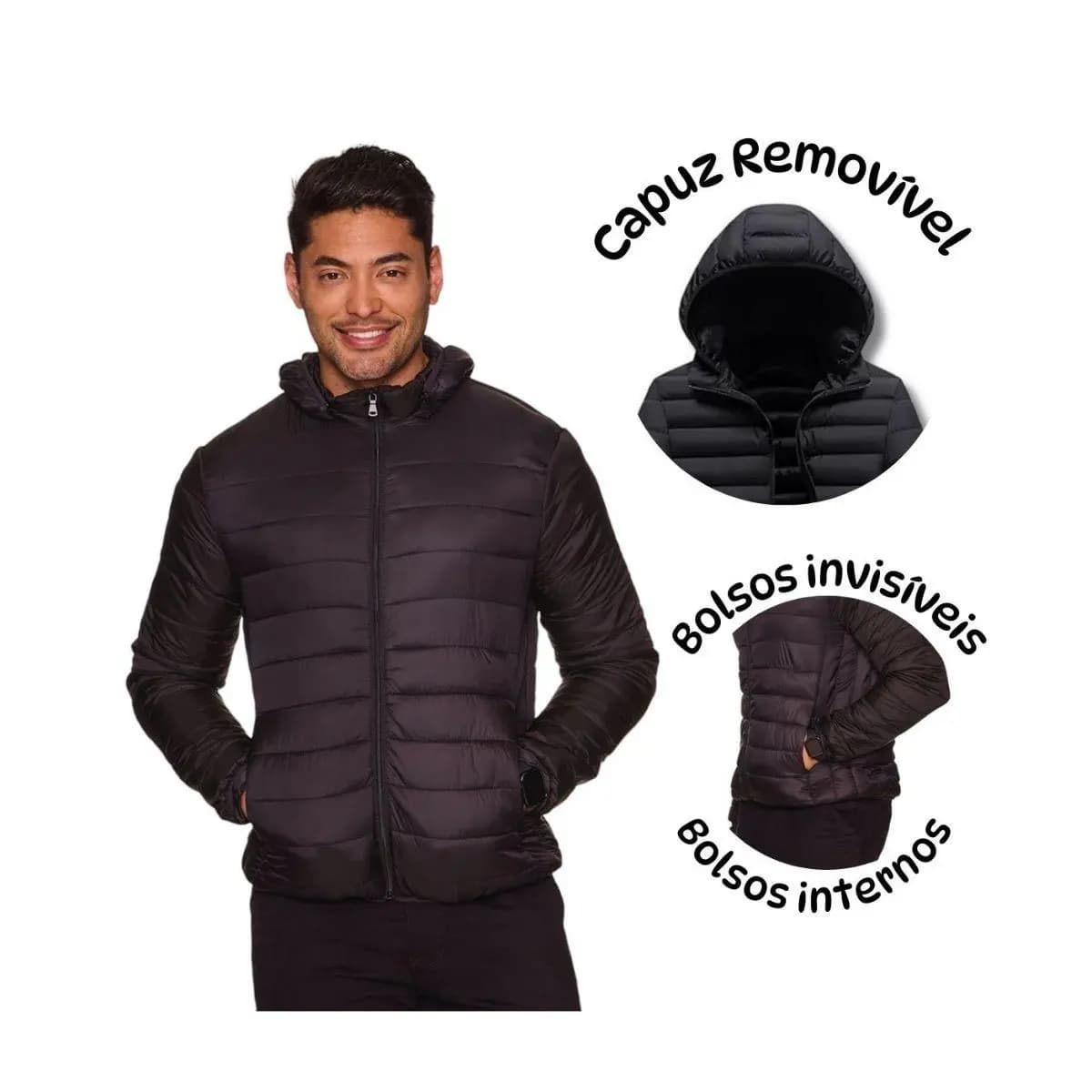 Jaqueta Puffer Com Capuz Removivel Bobojaco Inverno Preta