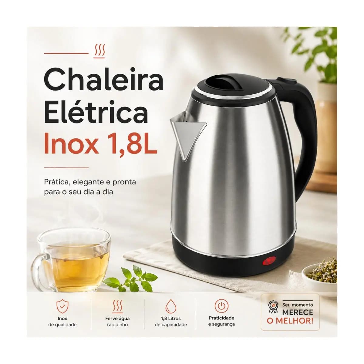 FIX/STARTOOLS Chaleira Jarra Elétrica 110V ou 220V 1.8 Litros 1000W Inox Prateada