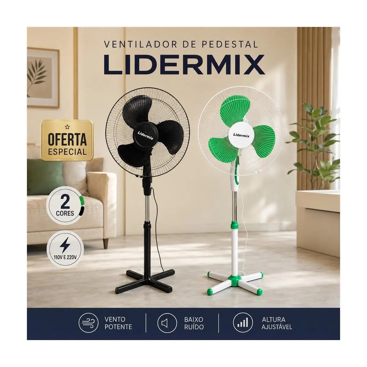 Ventilador de Coluna Pedestal Lidermix 3 Pás Altura Ajustável 110V ou 220V Preto / Branco Verde