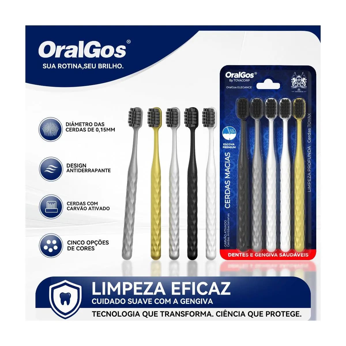 OralGos Escova Premium com Cerdas de Carvão,Cerdas de altadensidade+Pega Antiderrapante