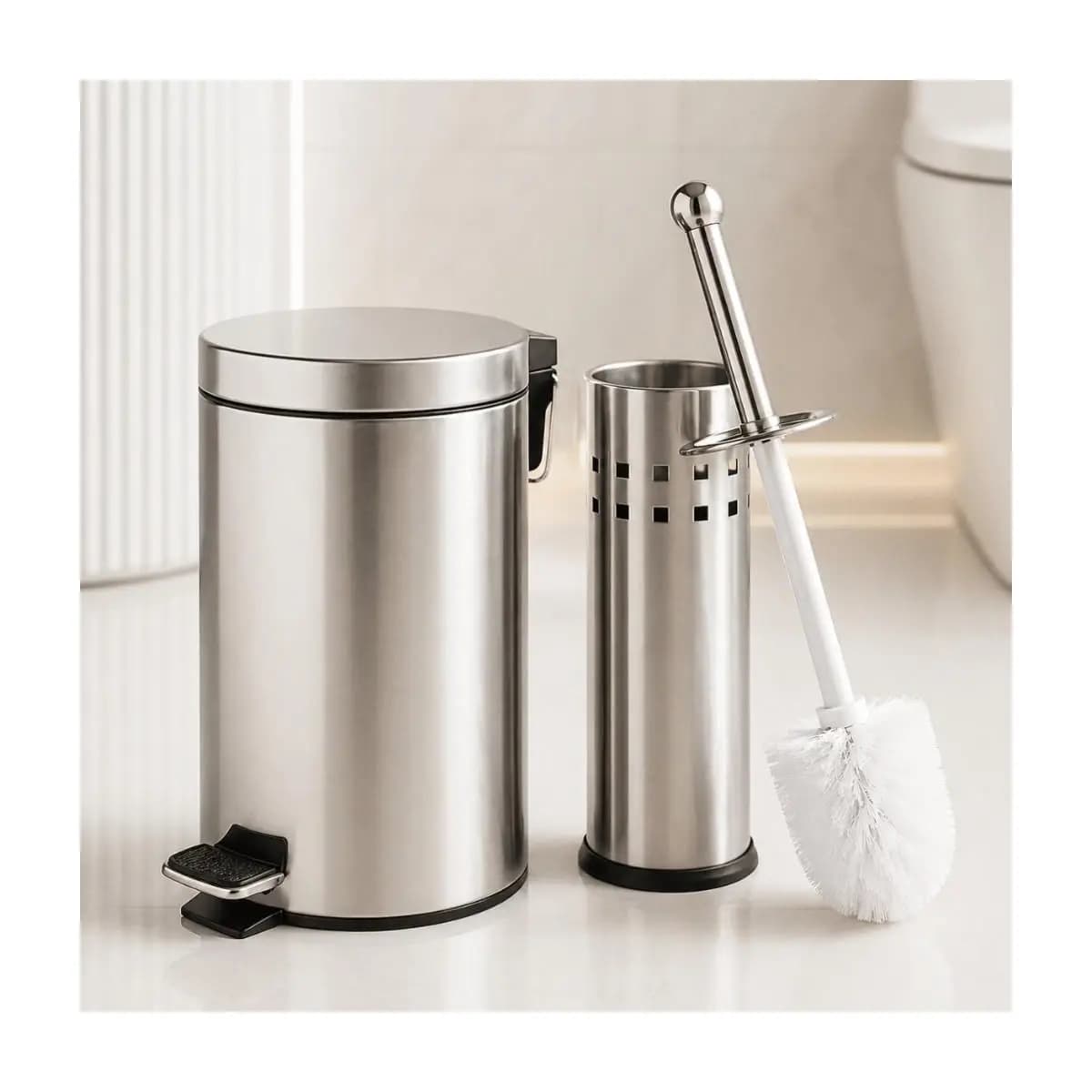 Kit Lixeira Inox Pedal Cesto De Lixo + Escova Sanitária Inox