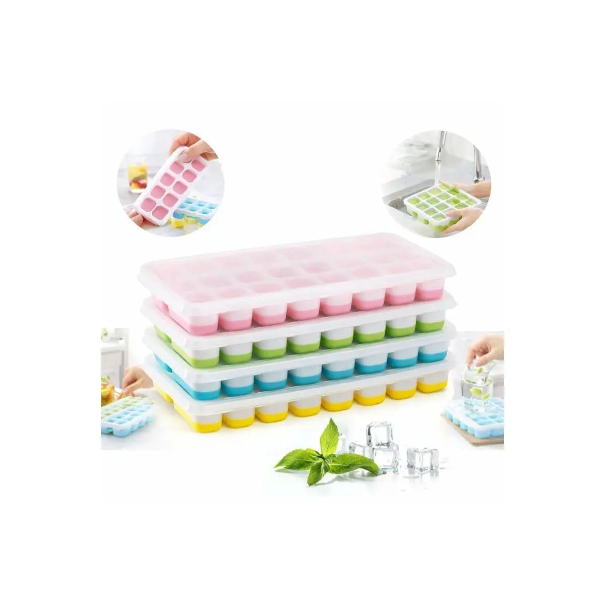 Kit 4 Forma De Gelo Fundo Silicone 14 Cubos Tampa Rígida