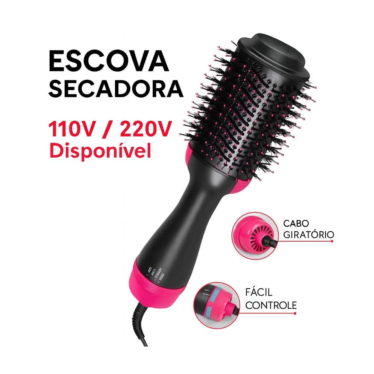 Escova Secadora de Cabelo 4 em 1 110V/220V – Alisador Elétrico Quente e Modelador