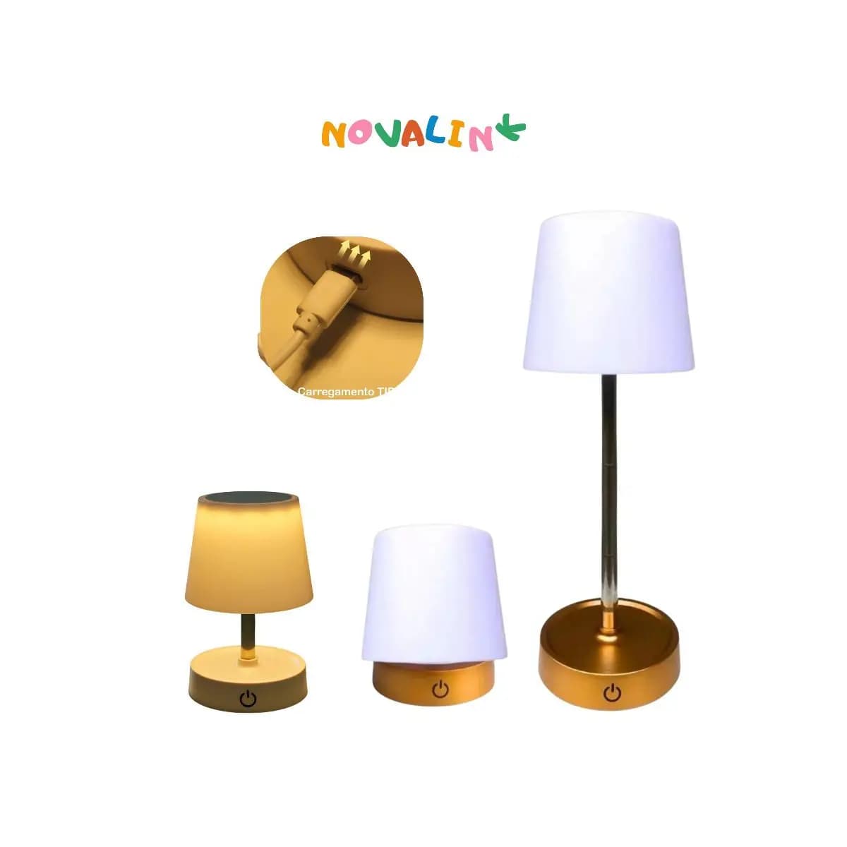 Abajur Recarregável Touch Luminária Retrátil em Aço com Luz de Led Branco Quente Ajustável-USB