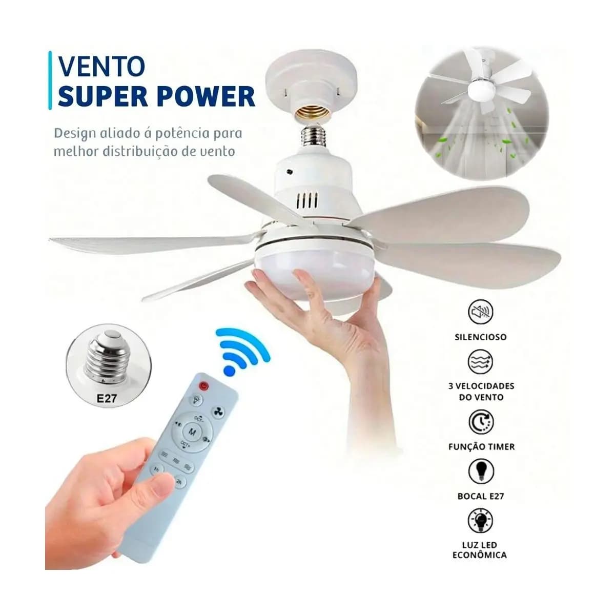 Ventilador De Teto Wind Light Silencioso 3 Velocidades Controle Remoto Lâmpada Led Silenciosa 6 Pás