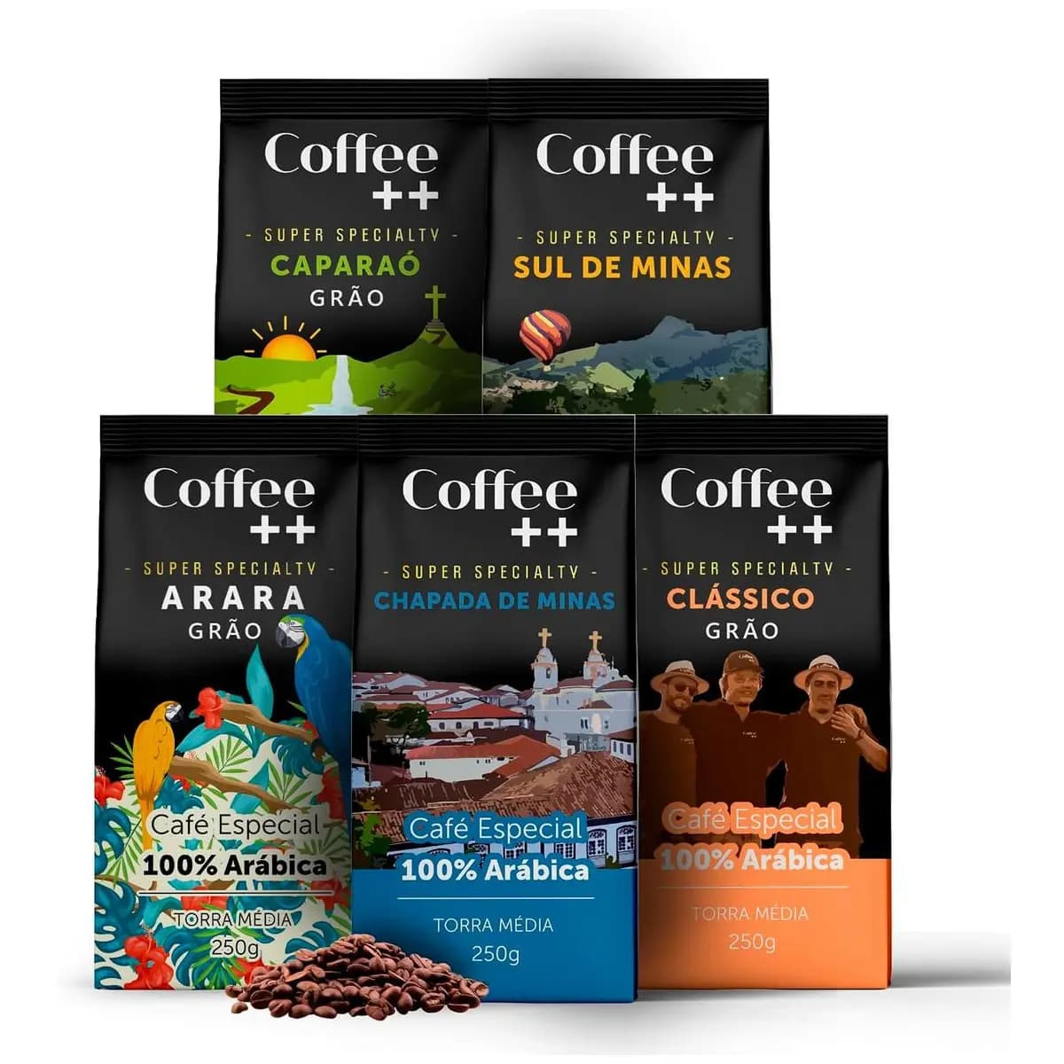 Kit 5 Pacotes Café Especial em Grãos Coffee Mais Variedades: Arara, Sul de Minas, Caparaó, Chapada de Minas e Clássico - 100% Arábica (5x250g)