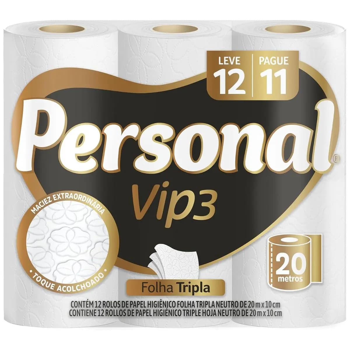 Personal Papel Higiênico Vip Folha Tripla Com 12 Rolos De 20M