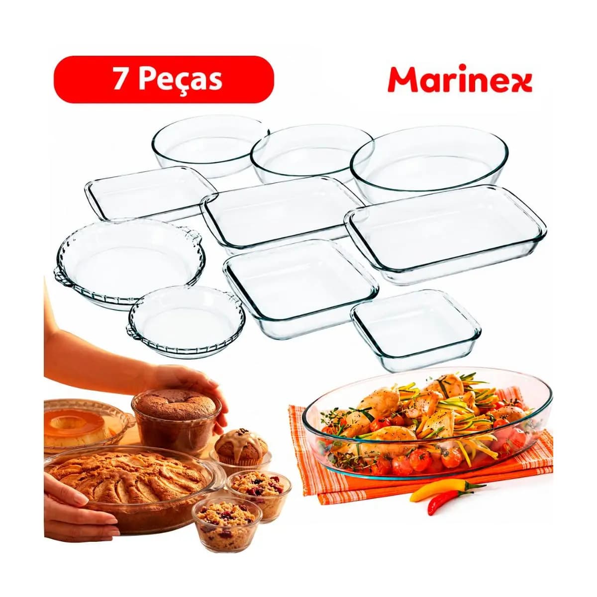 Conjunto Marinex Kit Jogo de Travessas 7 peças Variadas em Vidro Temperado próprias P/ Forno
