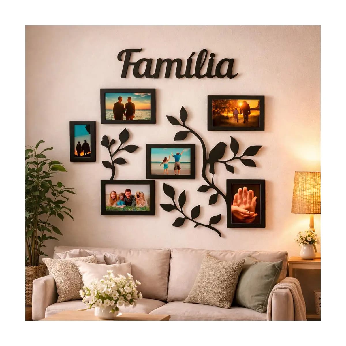 Painel Porta Retrato Parede MDF Familia 6 Fotos Decorativo Moldura Preta Galhos Enfeite Sala Quarto Grande Organizador