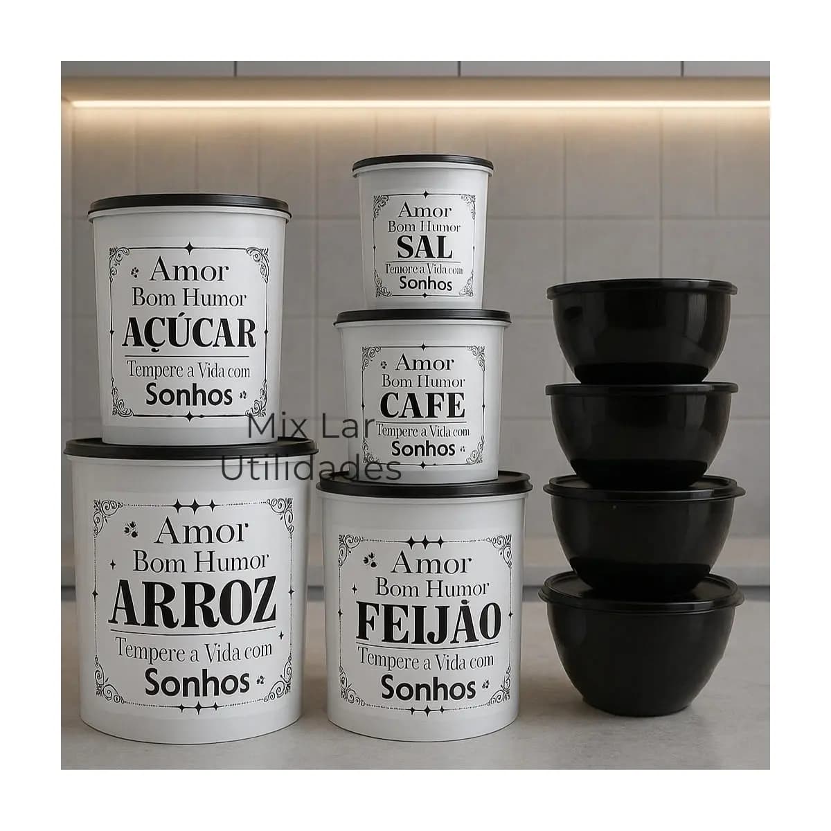 Kit potes de mantimentos cozinha com 9 peças de plástico decorado