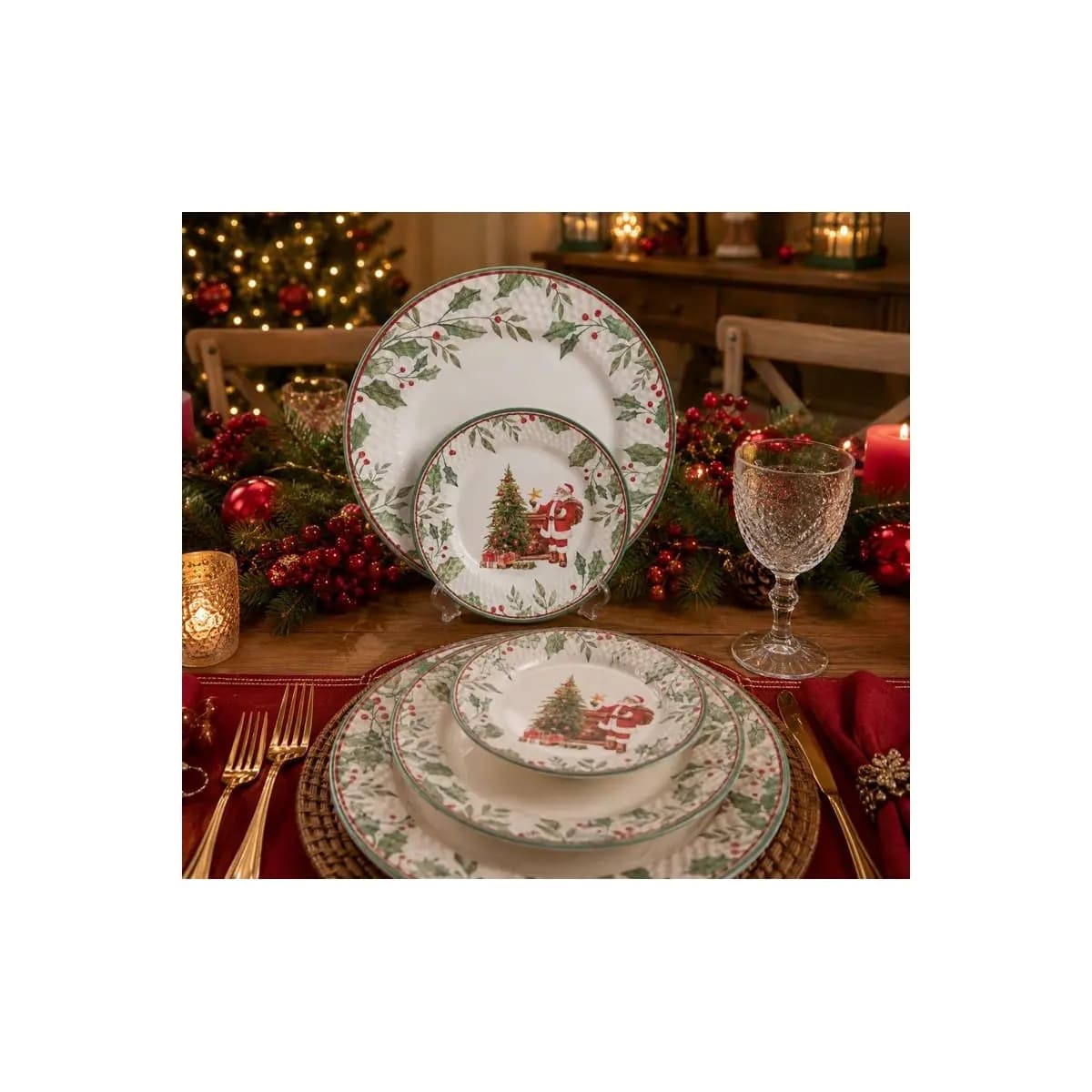 Jogo de Pratos Natalino Azevinho Xícaras e Travessas em Cerâmica