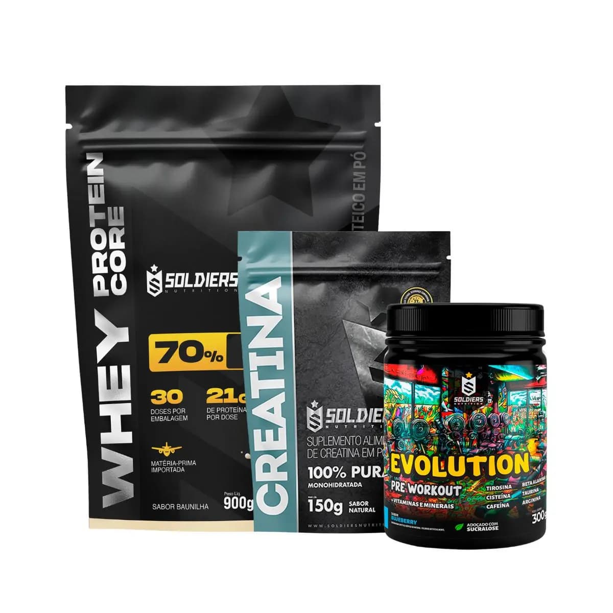 Kit Whey Core 70% de Proteína Concentrada -900g + Pré-Treino Evoluition 300g + Creatina 150g -Soldiers Nutrition
