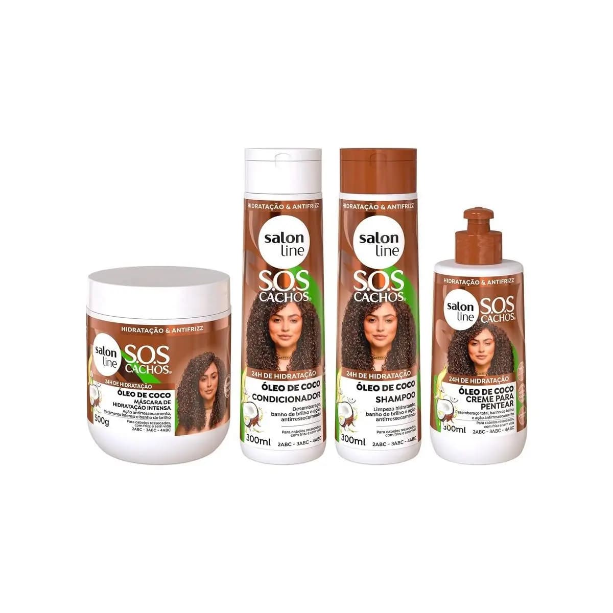 Kit SOS Cachos Coco Shampoo + Condicionador + Creme de Pentear + Máscara Salon Line