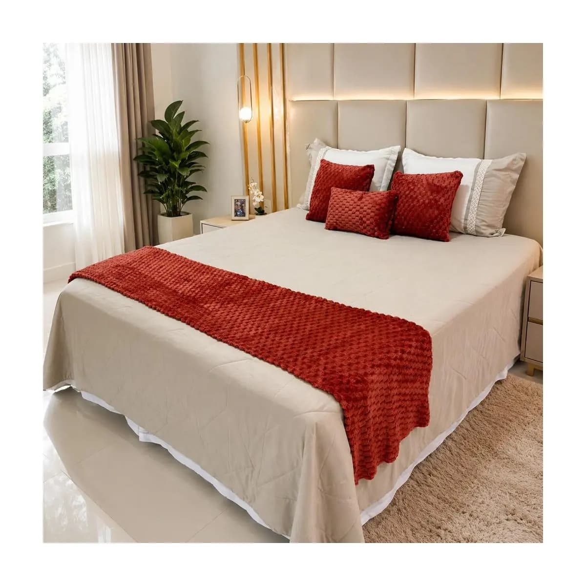 Kit 4 Peças Cama Posta 1 Peseira 2 Capas de Almofada 1 Baguete Decorativa Flannel Elegante