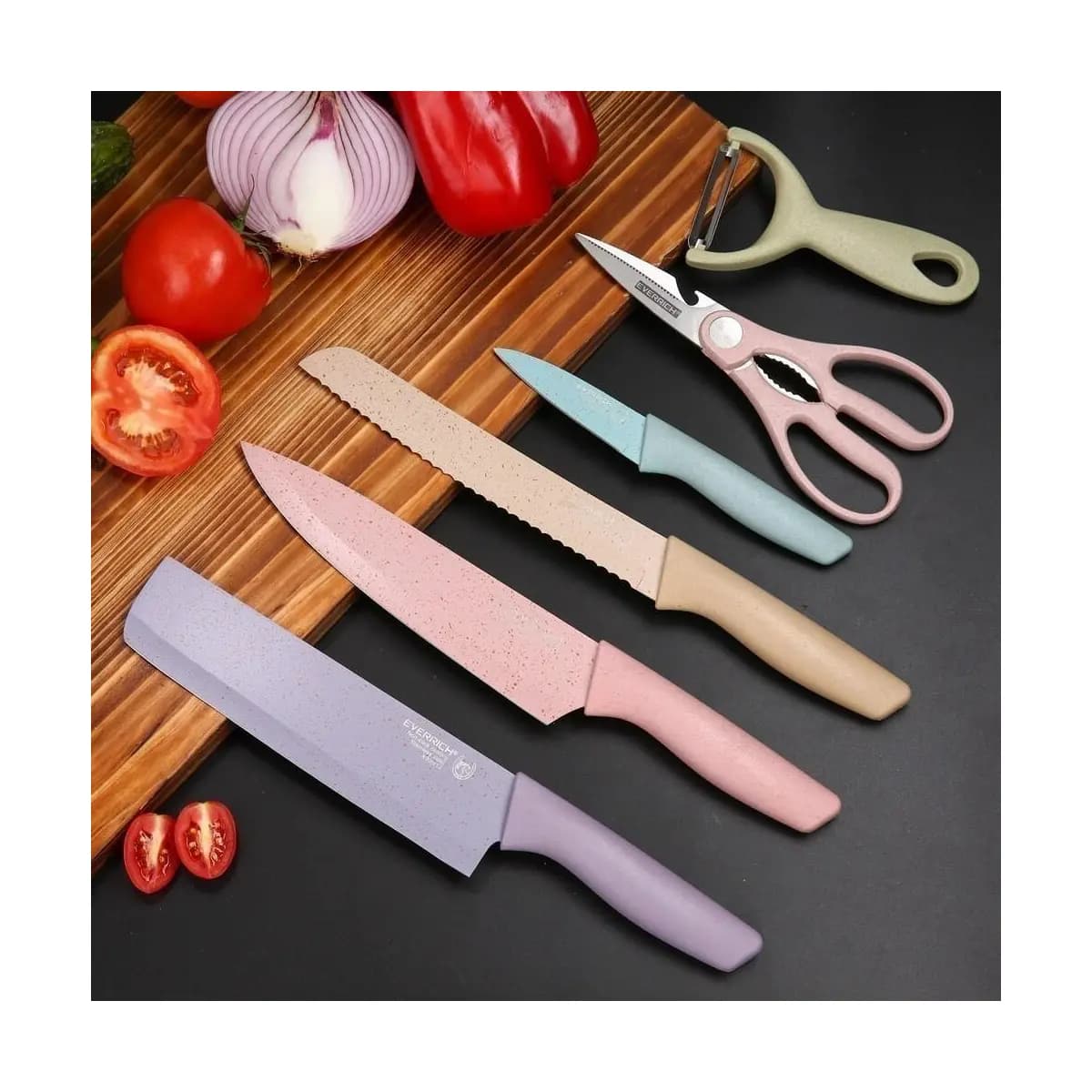 Kit facas de cozinha/Churrasco Profissional Antiaderente 6 Peças Preto/colorido