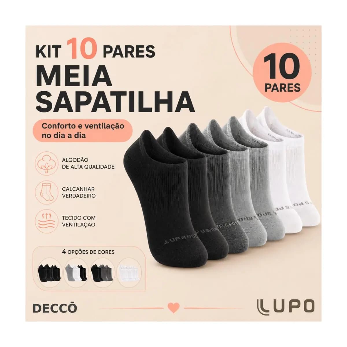 Kit 10 Pares Meias Lupo Sport Cano Invisível Algodão Soquete Sapatilha Unissex Original Confortável