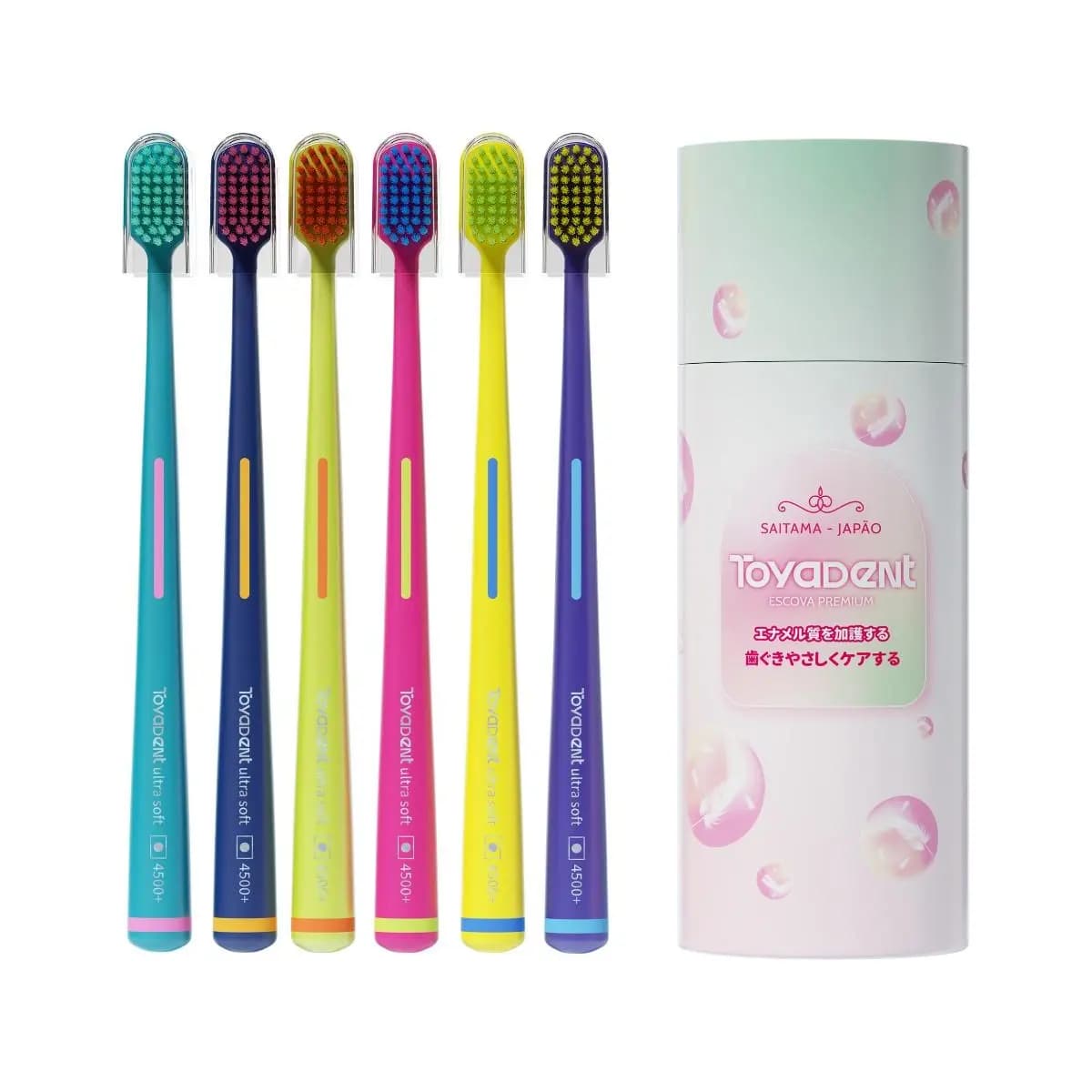 Toyadent Escova de dentes Super macia colorida 6 cores tubo de armazenamento portátil de alta aparência