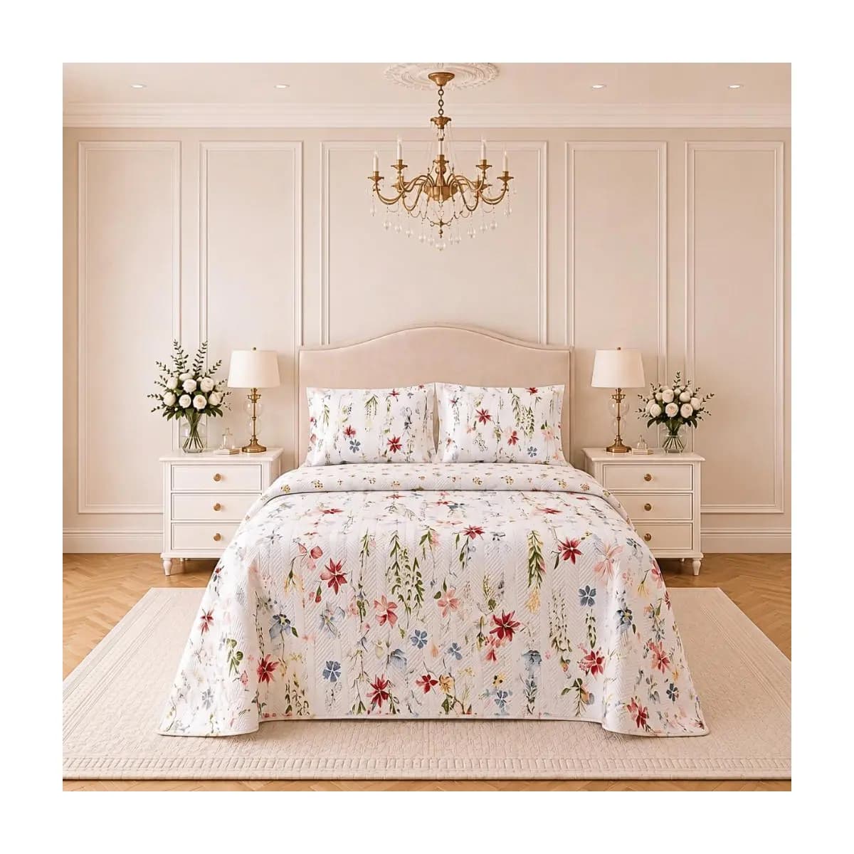 Kit Colcha Cobre Leito Casal Queen King Dupla Face Floral Estampada Matelada Boutis Super Macia