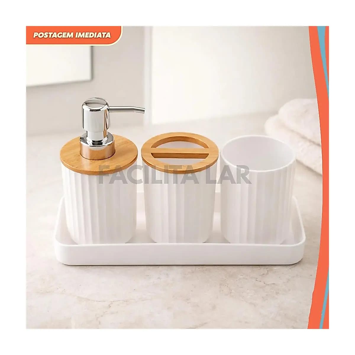 Conjunto Banheiro 4 Peças Branco com Bambu – Dispenser, Porta-Escova, Copo e Bandeja – Design Minimalista